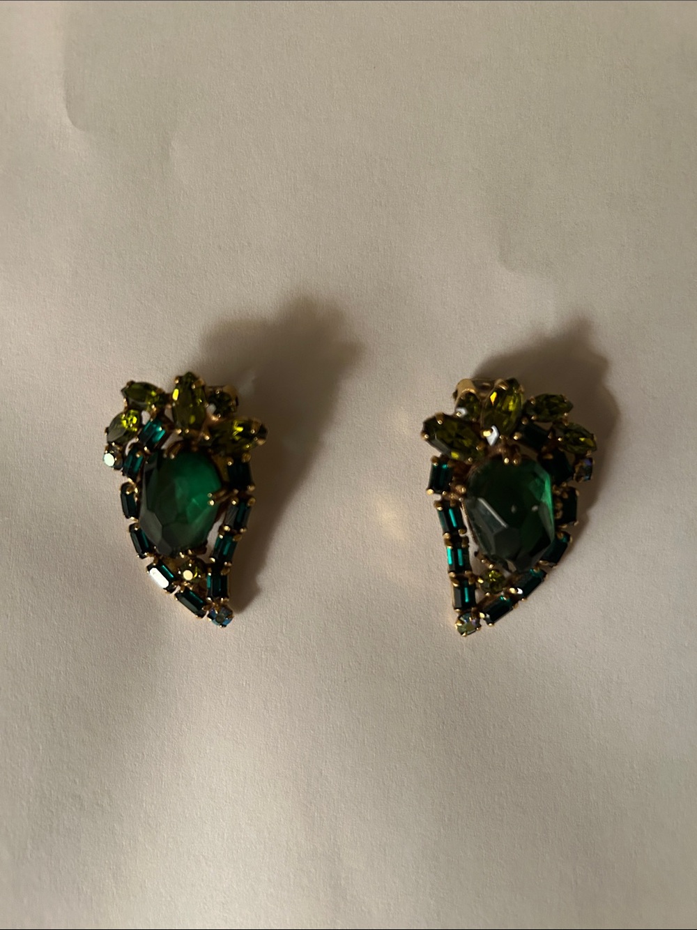 Vintage Albert Weiss Emerald and Olive Crystal Clip-On Earrings